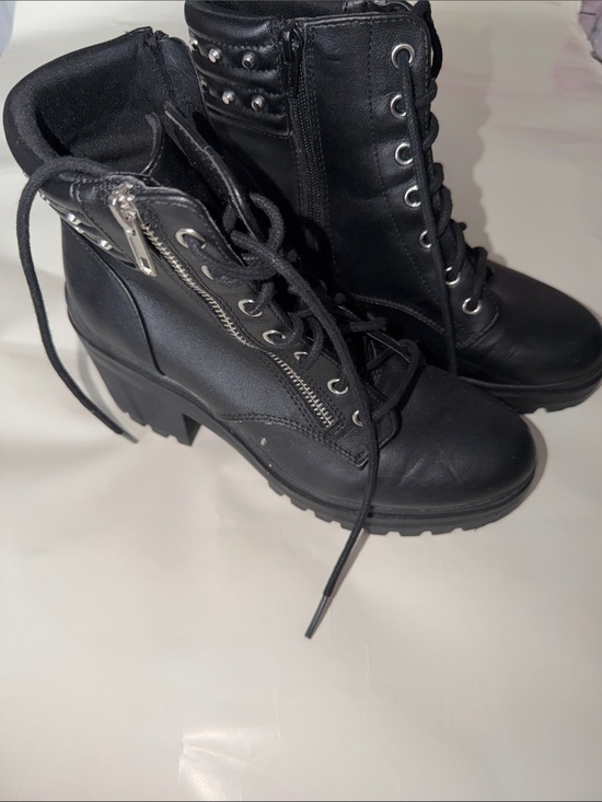 No Boundaries Shoes - No Boundaries Black Lace-Up Studded Chunky Heel Combat Boots